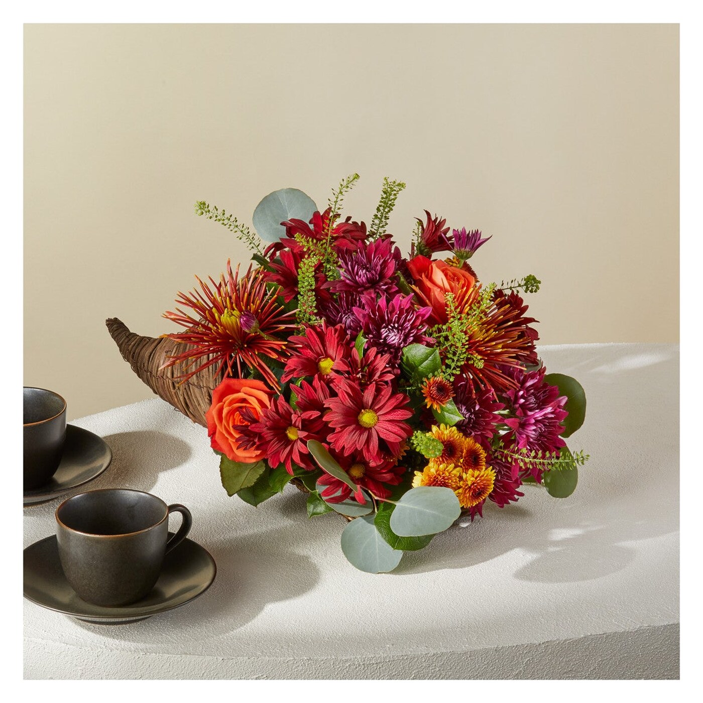 Autumn Herald Cornucopia flower arrangement
